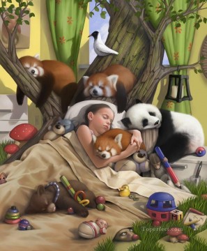 眠っている女の子とクマのパンダ猿 Oil Paintings